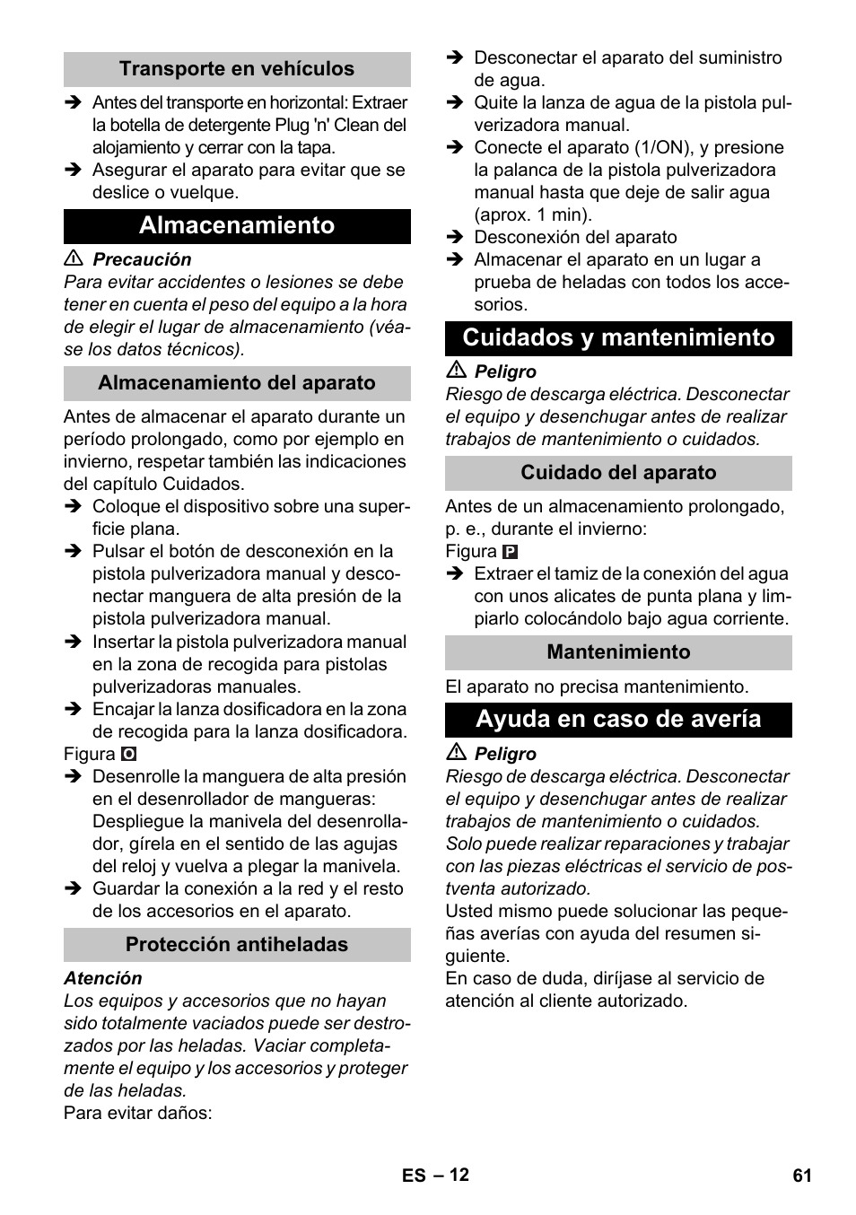 Transporte en vehículos, Almacenamiento, Almacenamiento del aparato | Protección antiheladas, Cuidados y mantenimiento, Cuidado del aparato, Mantenimiento, Ayuda en caso de avería | Karcher K 7 Premium User Manual | Page 61 / 288