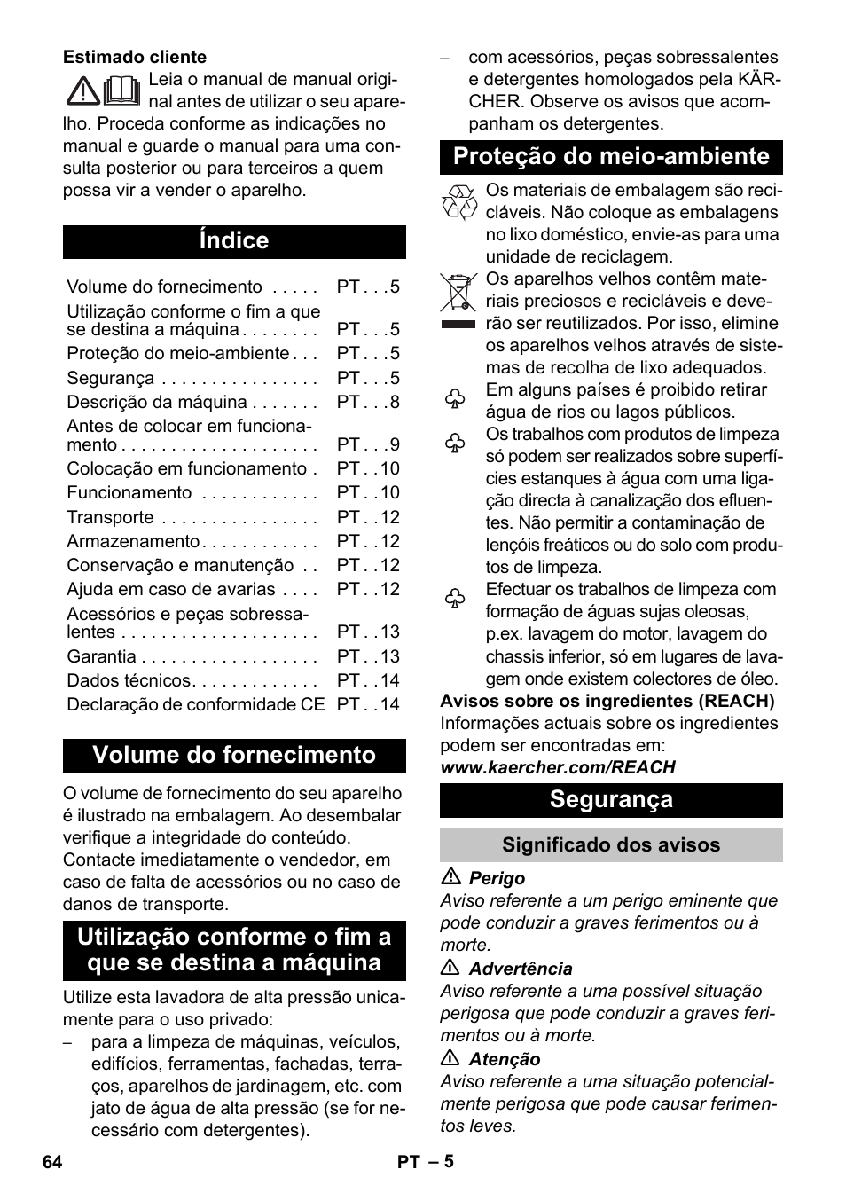 Português, Índice, Volume do fornecimento | Proteção do meio-ambiente, Segurança, Significado dos avisos | Karcher K 7 Premium User Manual | Page 64 / 288