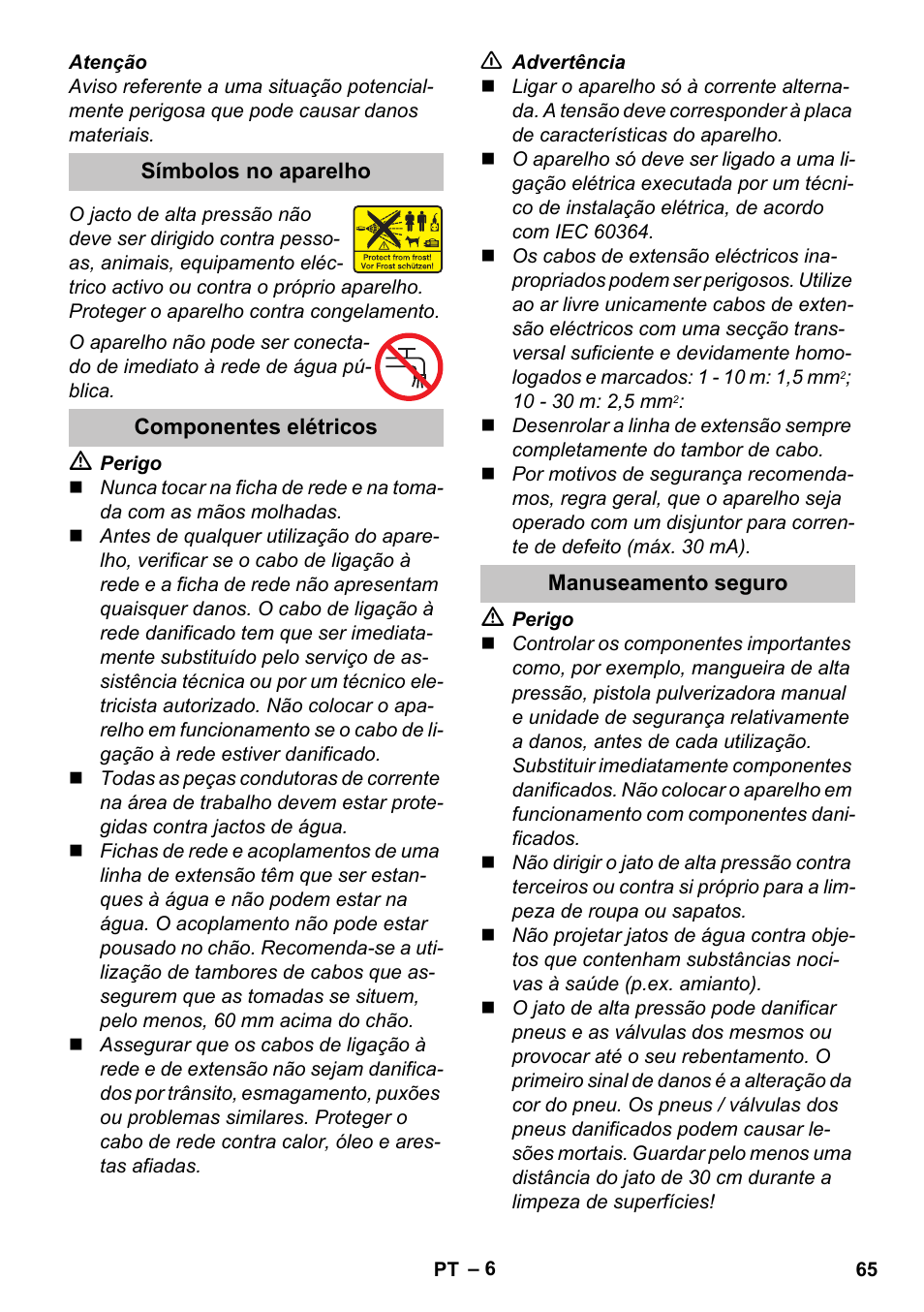 Símbolos no aparelho, Componentes elétricos, Manuseamento seguro | Karcher K 7 Premium User Manual | Page 65 / 288