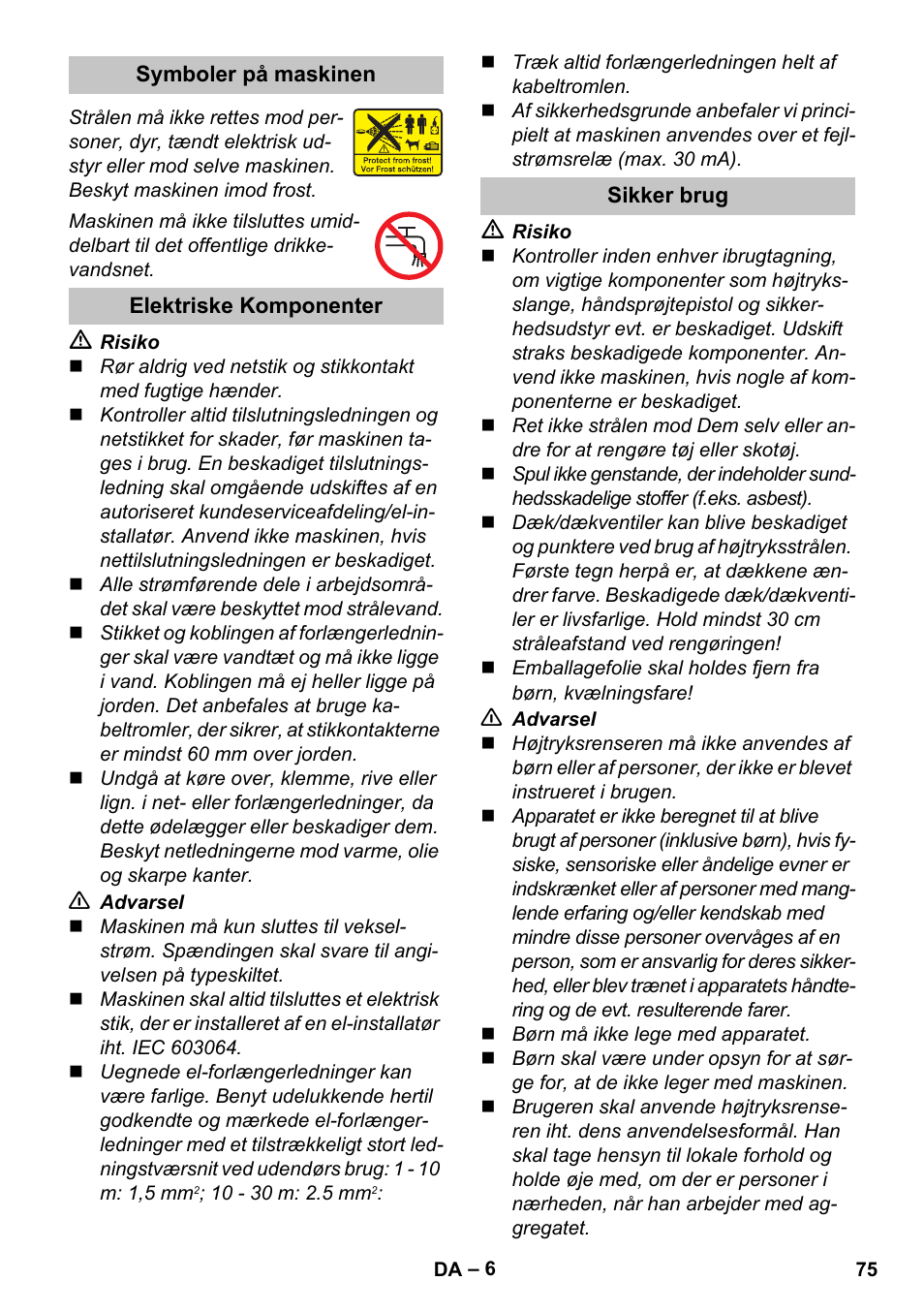 Symboler på maskinen, Elektriske komponenter, Sikker brug | Karcher K 7 Premium User Manual | Page 75 / 288