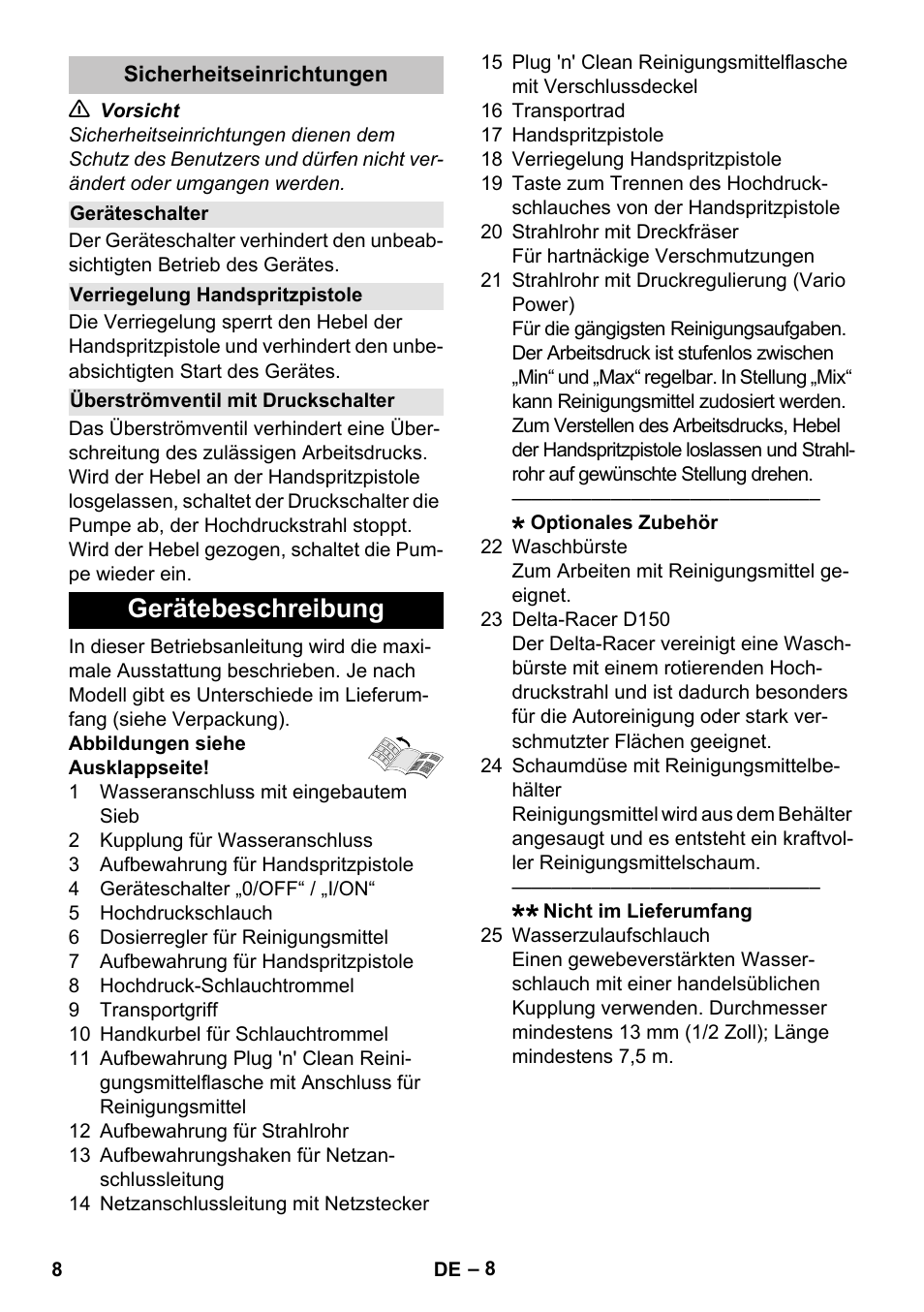 Sicherheitseinrichtungen, Geräteschalter, Verriegelung handspritzpistole | Überströmventil mit druckschalter, Gerätebeschreibung | Karcher K 7 Premium User Manual | Page 8 / 288