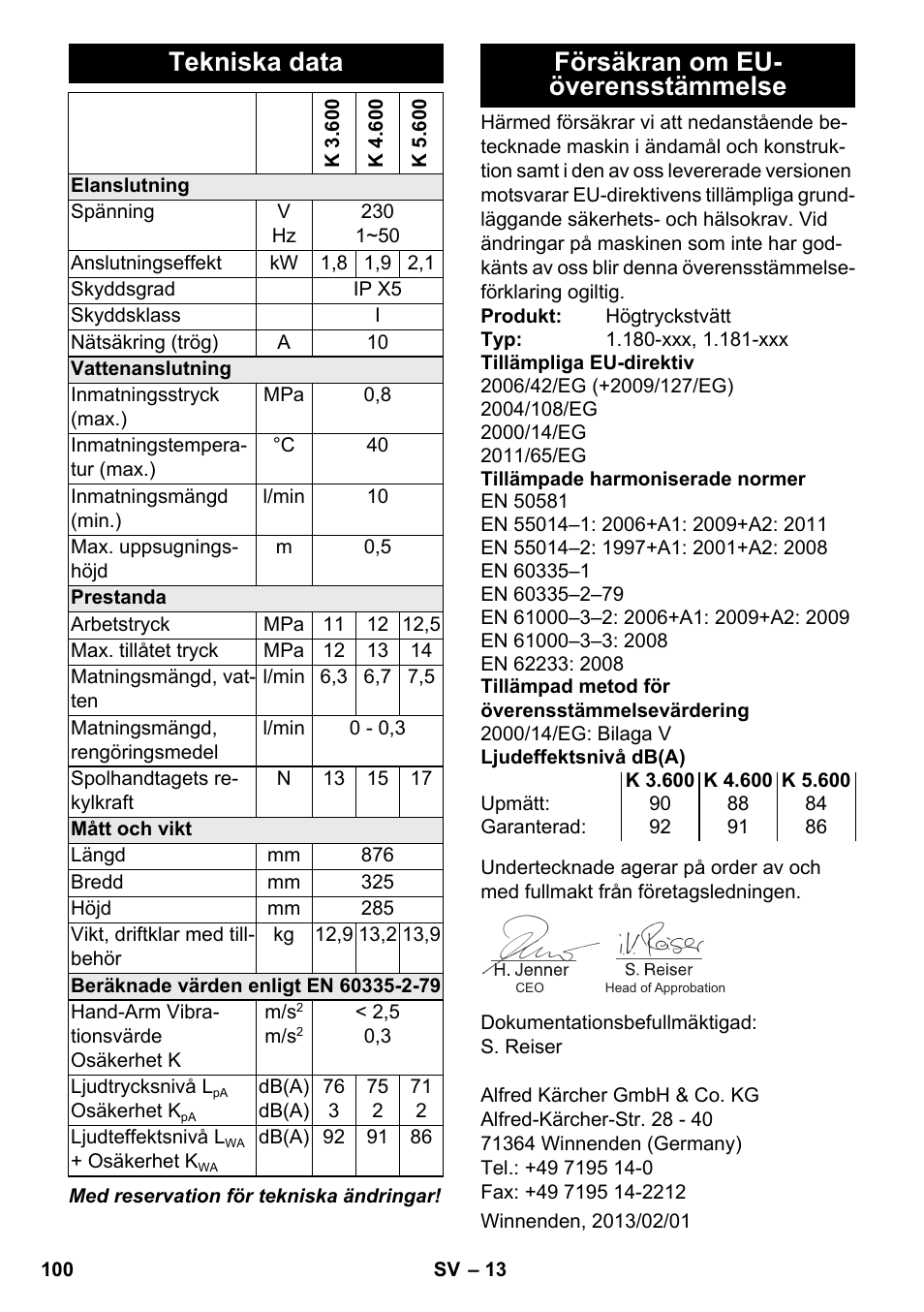 Tekniska data, Försäkran om eu- överensstämmelse | Karcher K 4-600 User Manual | Page 100 / 262