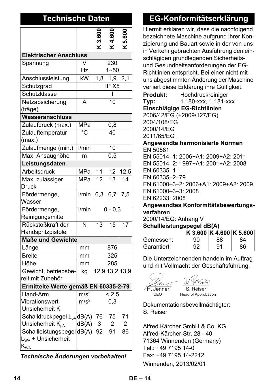 Technische daten, Eg-konformitätserklärung | Karcher K 4-600 User Manual | Page 14 / 262
