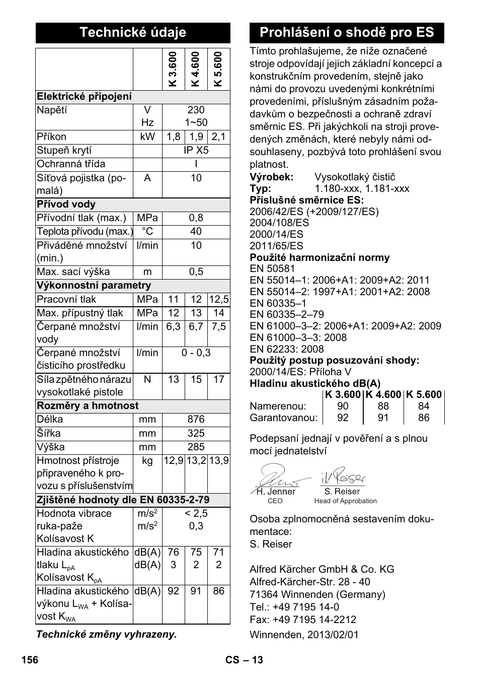 Technické údaje, Prohlášení o shodě pro es | Karcher K 4-600 User Manual | Page 156 / 262