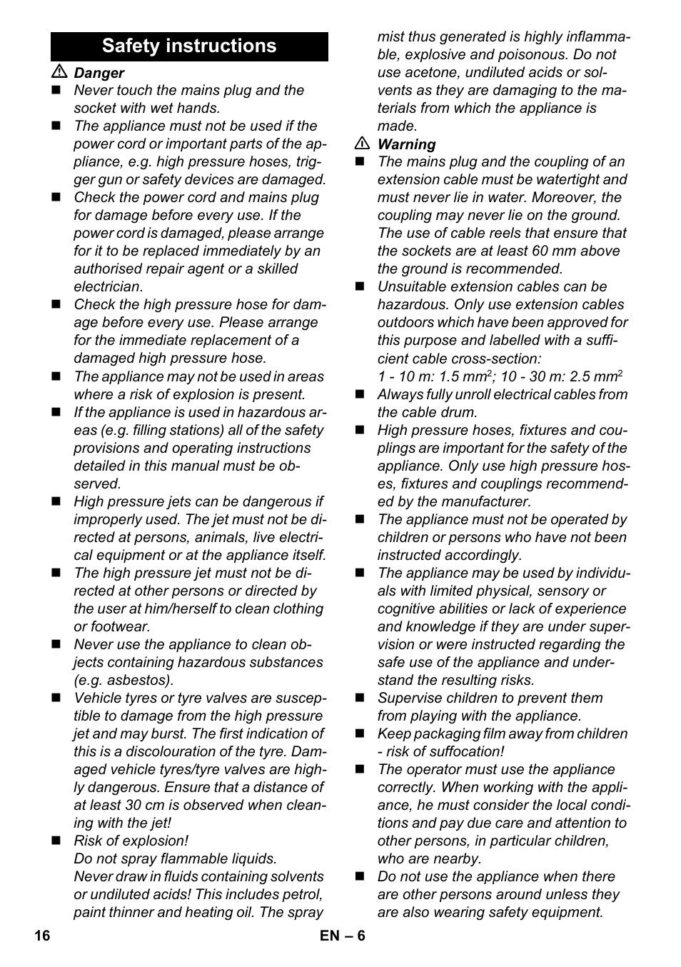 Safety instructions | Karcher K 4-600 User Manual | Page 16 / 262