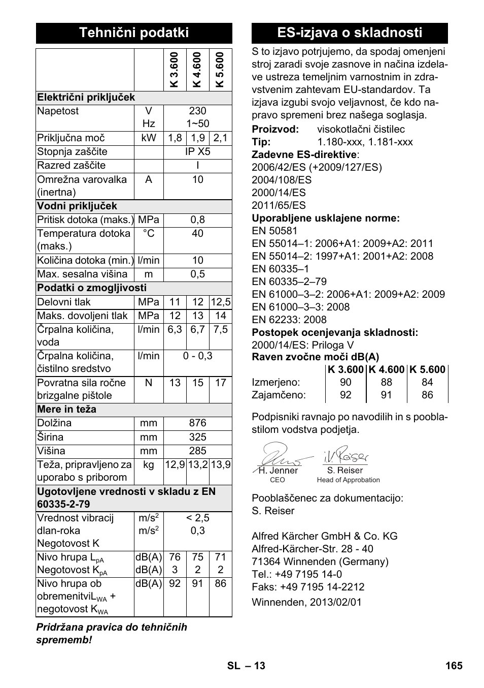 Tehnični podatki, Es-izjava o skladnosti | Karcher K 4-600 User Manual | Page 165 / 262