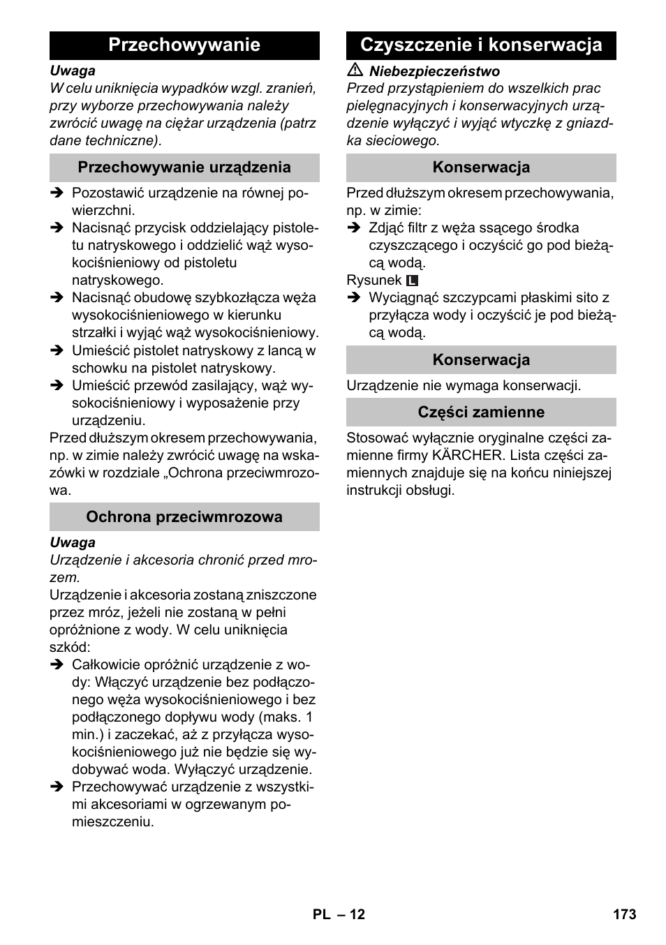 Przechowywanie, Przechowywanie urządzenia, Ochrona przeciwmrozowa | Czyszczenie i konserwacja, Konserwacja, Części zamienne | Karcher K 4-600 User Manual | Page 173 / 262