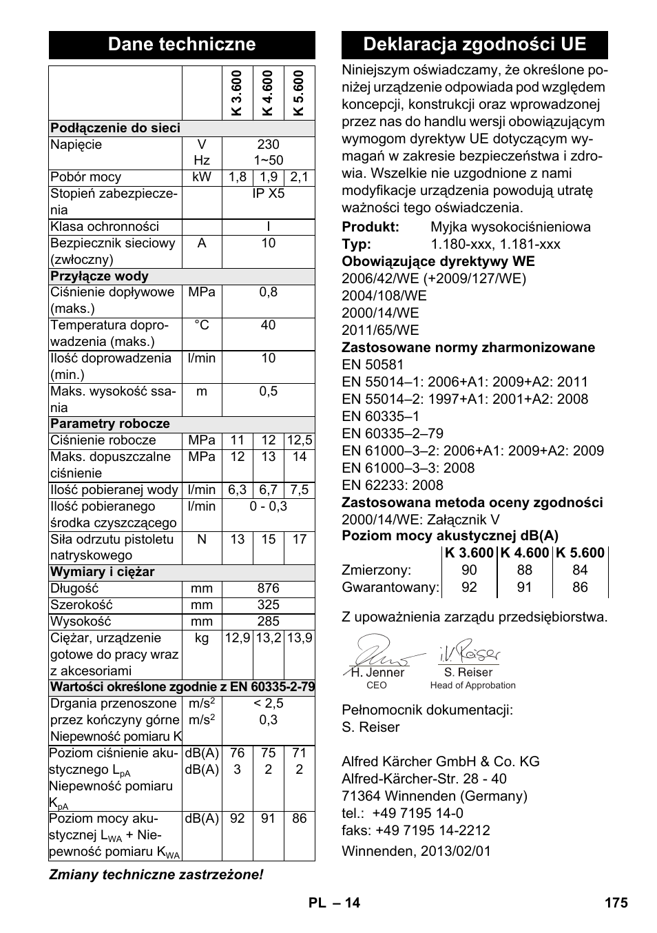 Dane techniczne, Deklaracja zgodności ue | Karcher K 4-600 User Manual | Page 175 / 262