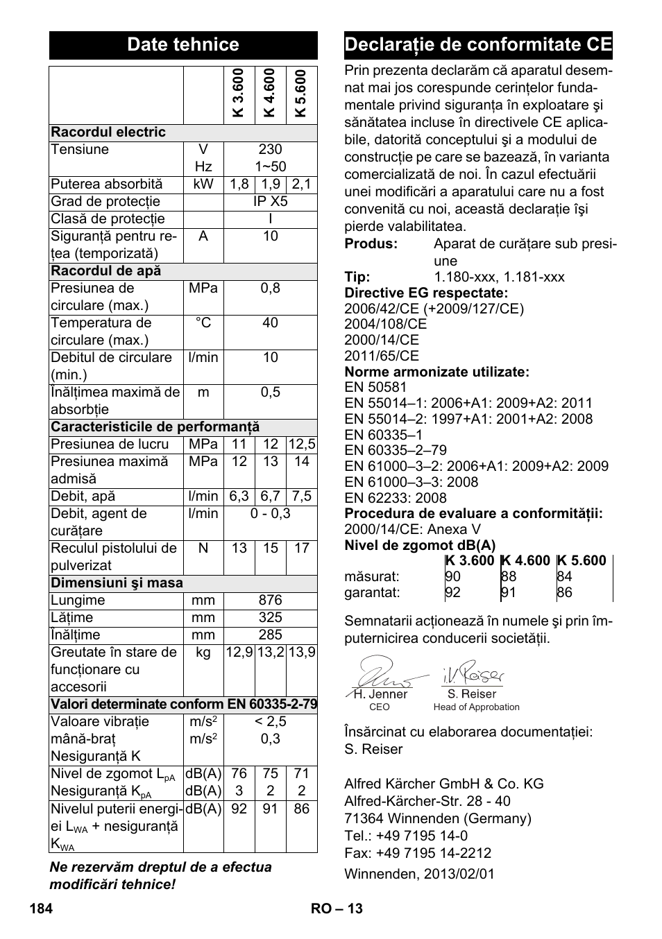 Date tehnice, Declaraţie de conformitate ce | Karcher K 4-600 User Manual | Page 184 / 262