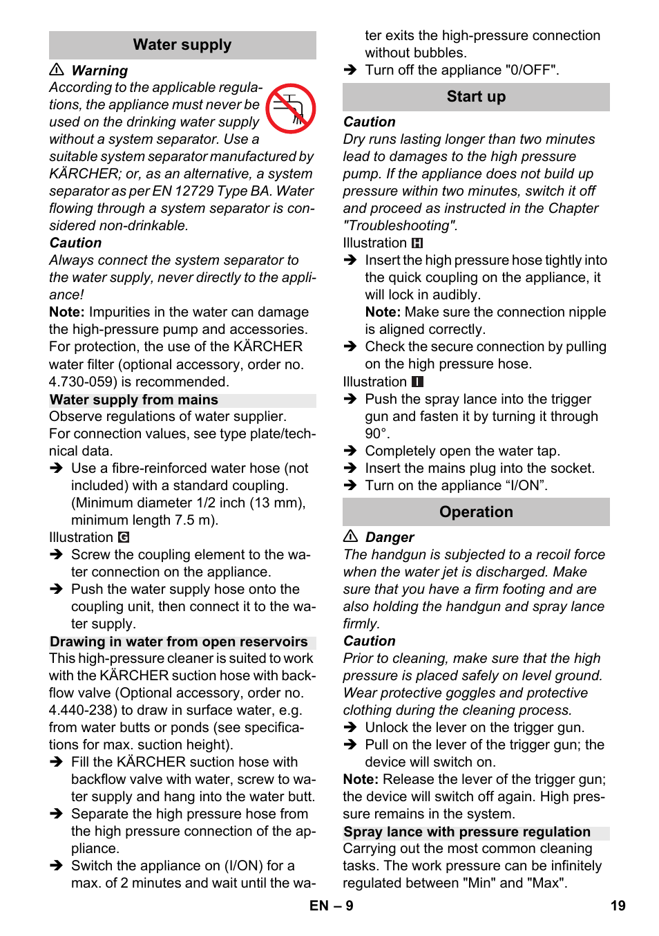 Water supply, Water supply from mains, Drawing in water from open reservoirs | Start up, Operation, Spray lance with pressure regulation | Karcher K 4-600 User Manual | Page 19 / 262