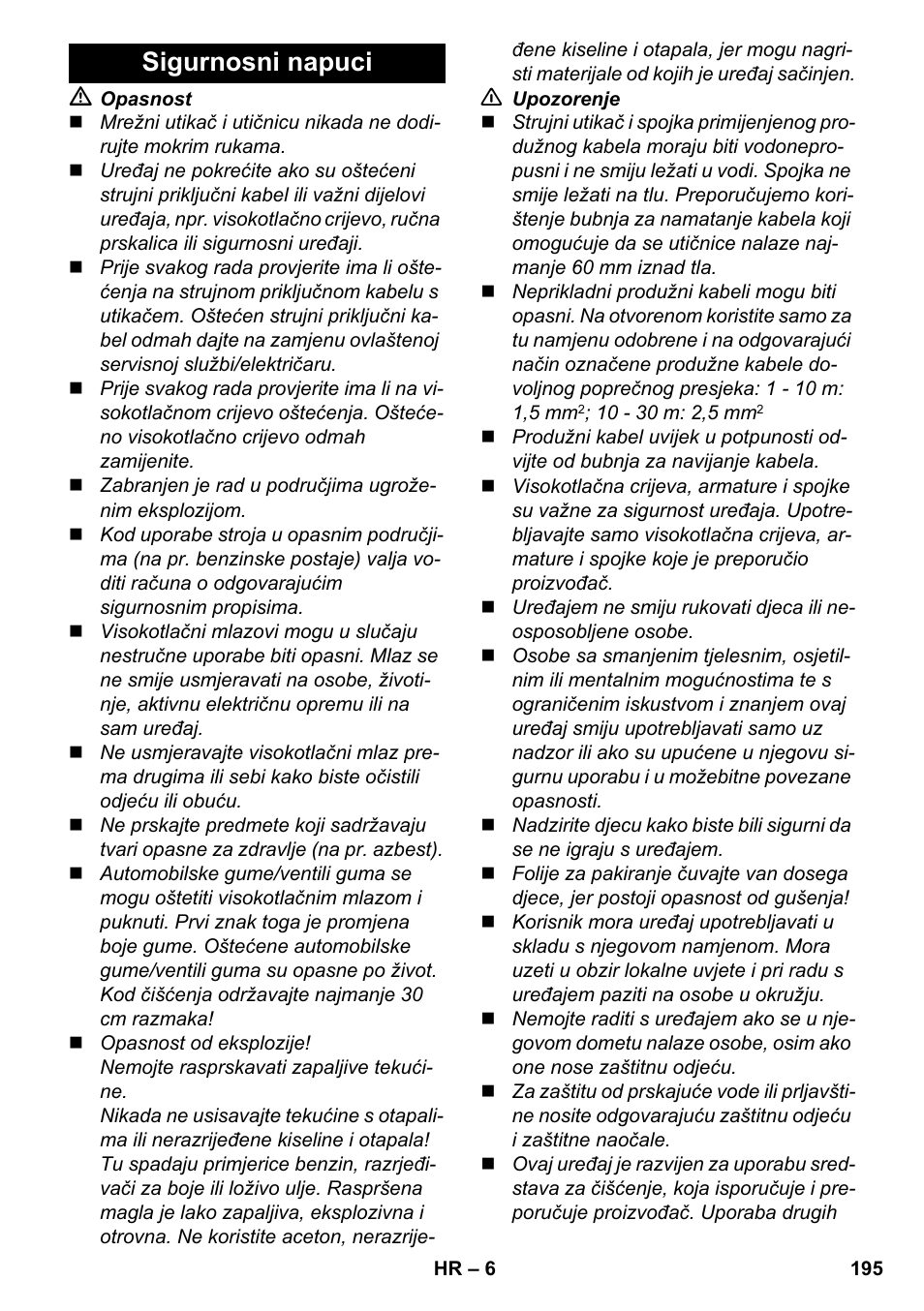 Sigurnosni napuci | Karcher K 4-600 User Manual | Page 195 / 262