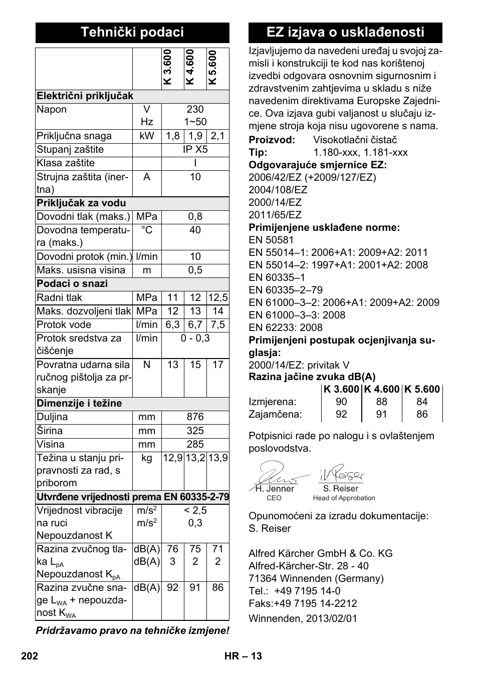 Tehnički podaci, Ez izjava o usklađenosti | Karcher K 4-600 User Manual | Page 202 / 262