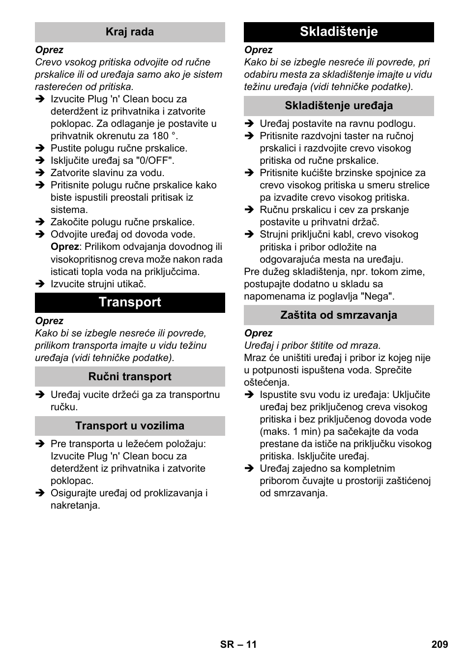 Kraj rada, Transport, Ručni transport | Transport u vozilima, Skladištenje, Skladištenje uređaja, Zaštita od smrzavanja | Karcher K 4-600 User Manual | Page 209 / 262