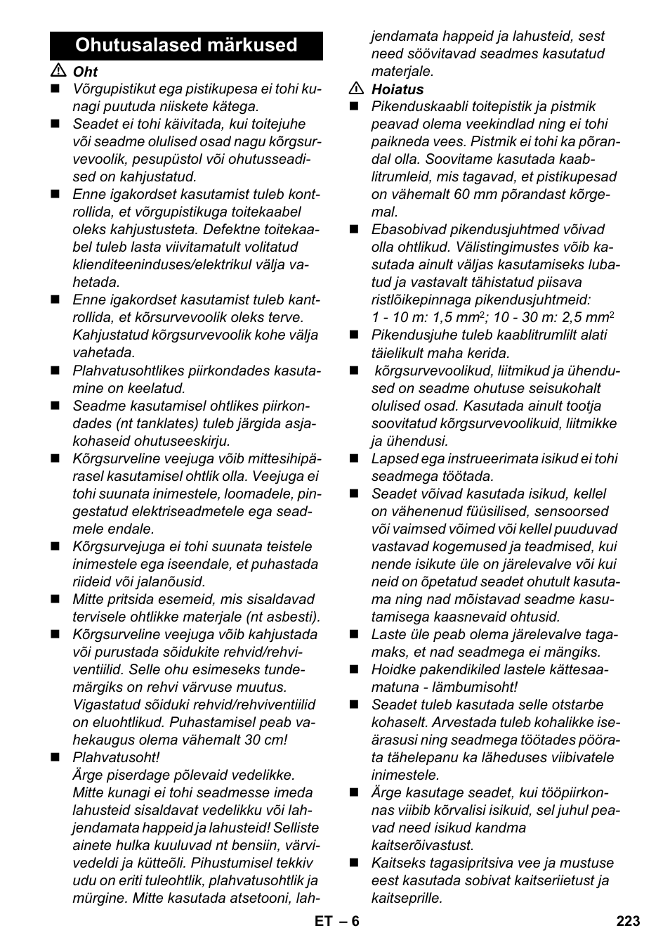 Ohutusalased märkused | Karcher K 4-600 User Manual | Page 223 / 262