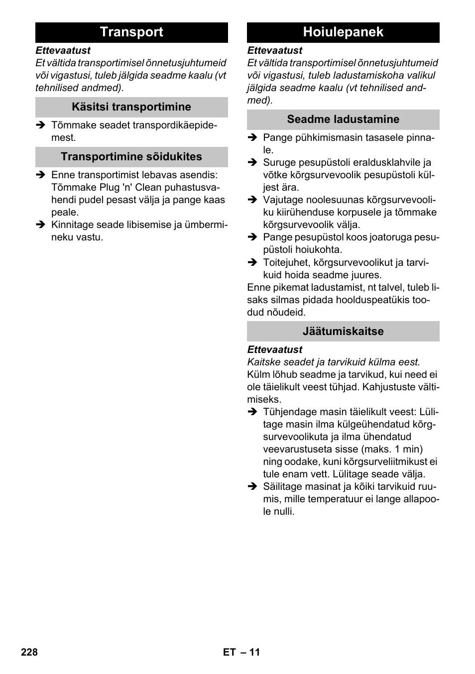 Transport, Käsitsi transportimine, Transportimine sõidukites | Hoiulepanek, Seadme ladustamine, Jäätumiskaitse | Karcher K 4-600 User Manual | Page 228 / 262