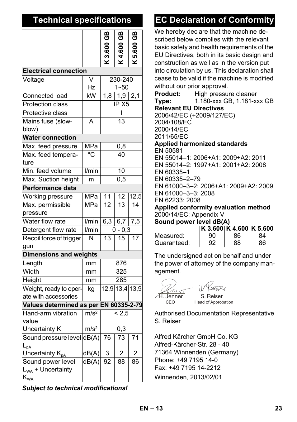 Technical specifications, Ec declaration of conformity | Karcher K 4-600 User Manual | Page 23 / 262