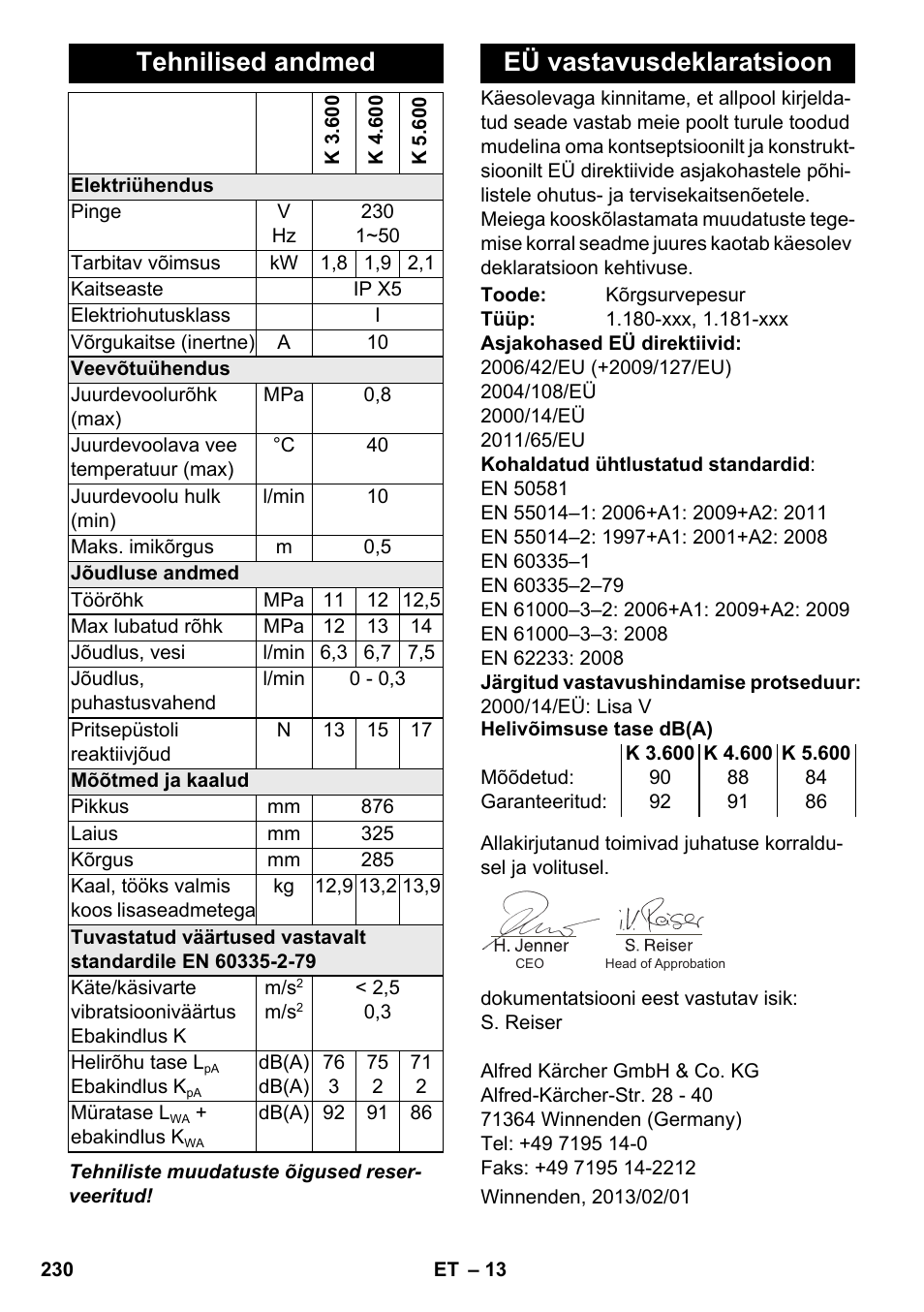 Tehnilised andmed, Eü vastavusdeklaratsioon | Karcher K 4-600 User Manual | Page 230 / 262