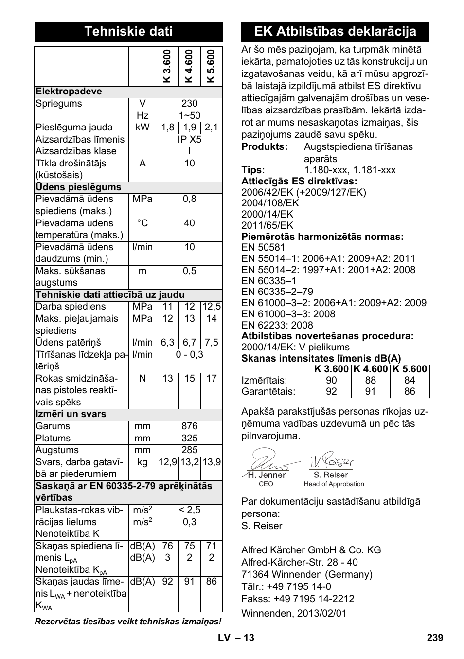 Tehniskie dati, Ek atbilstības deklarācija | Karcher K 4-600 User Manual | Page 239 / 262