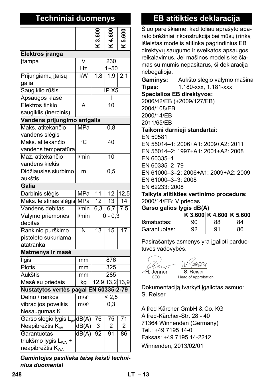 Techniniai duomenys, Eb atitikties deklaracija | Karcher K 4-600 User Manual | Page 248 / 262