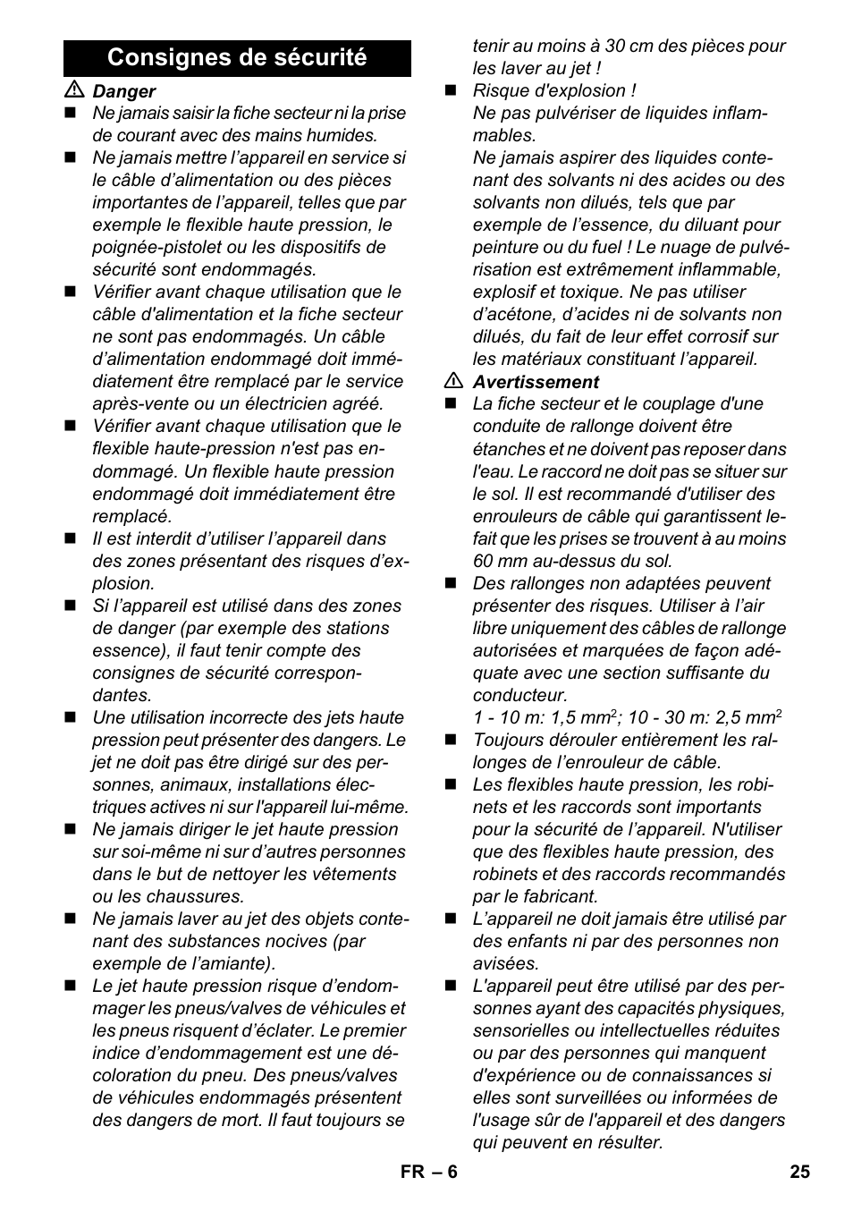 Consignes de sécurité | Karcher K 4-600 User Manual | Page 25 / 262