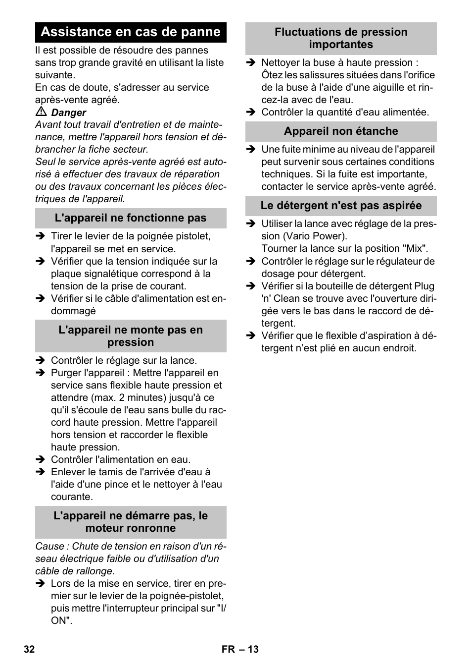 Assistance en cas de panne, L'appareil ne fonctionne pas, L'appareil ne monte pas en pression | L'appareil ne démarre pas, le moteur ronronne, Fluctuations de pression importantes, Appareil non étanche, Le détergent n'est pas aspirée | Karcher K 4-600 User Manual | Page 32 / 262
