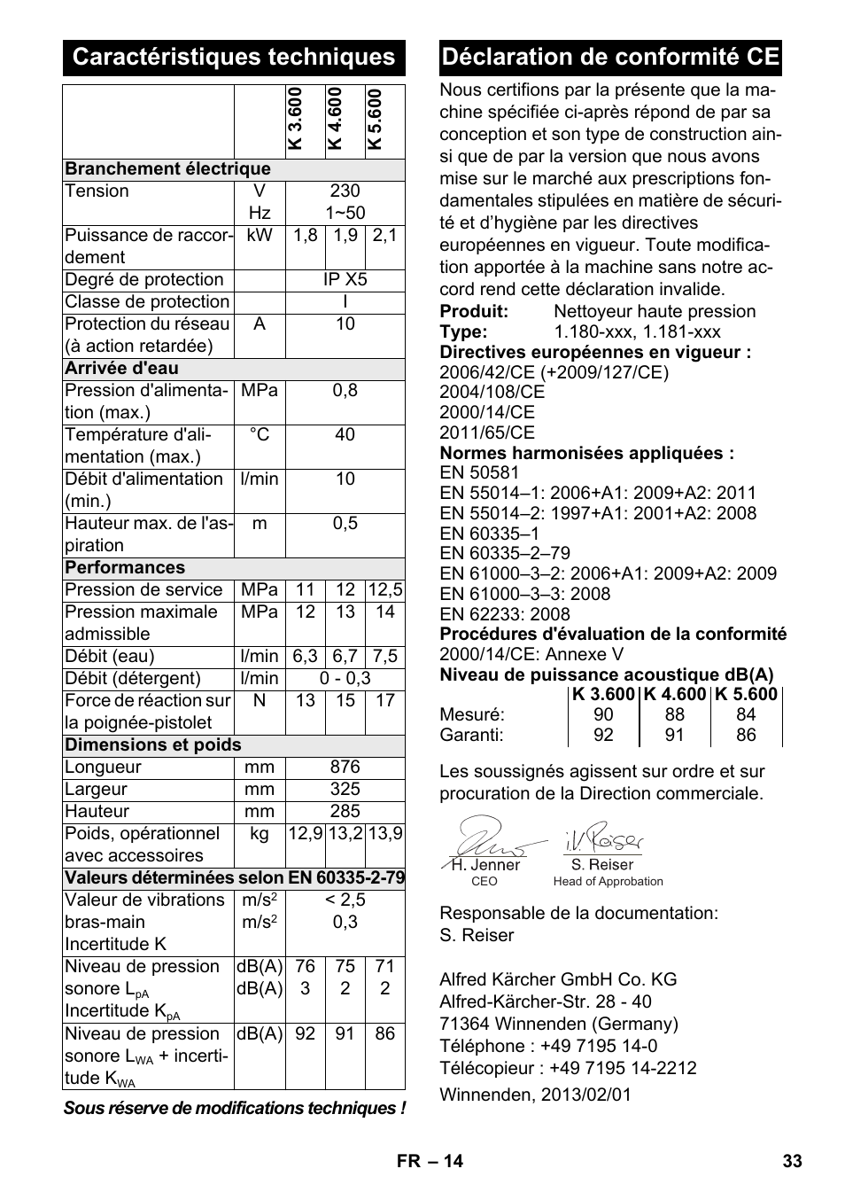 Caractéristiques techniques, Déclaration de conformité ce | Karcher K 4-600 User Manual | Page 33 / 262