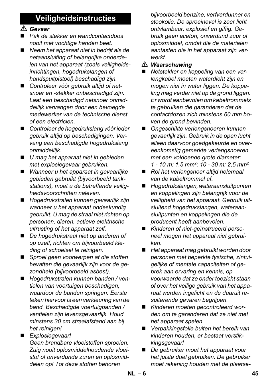 Veiligheidsinstructies | Karcher K 4-600 User Manual | Page 45 / 262