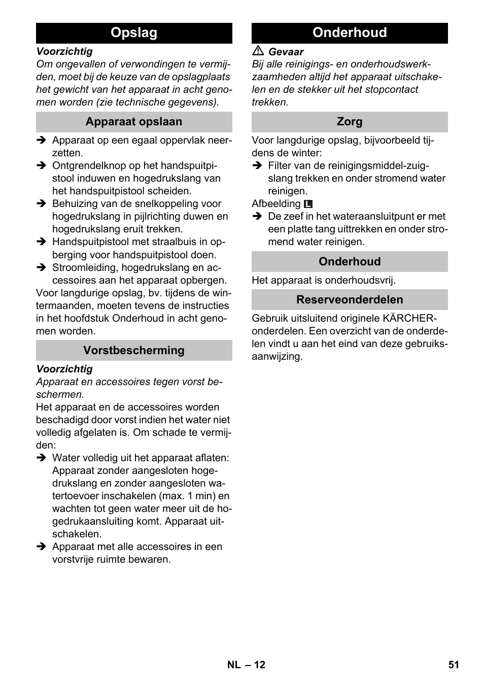 Opslag, Apparaat opslaan, Vorstbescherming | Onderhoud, Zorg, Reserveonderdelen | Karcher K 4-600 User Manual | Page 51 / 262