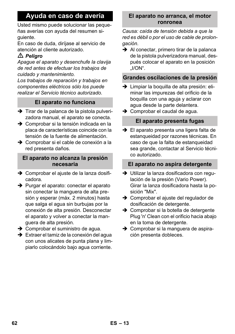 Ayuda en caso de avería, El aparato no funciona, El aparato no alcanza la presión necesaria | El aparato no arranca, el motor ronronea, Grandes oscilaciones de la presión, El aparato presenta fugas, El aparato no aspira detergente | Karcher K 4-600 User Manual | Page 62 / 262