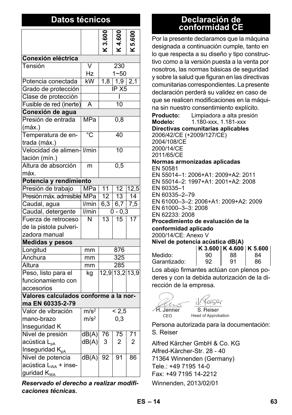 Datos técnicos, Declaración de conformidad ce | Karcher K 4-600 User Manual | Page 63 / 262
