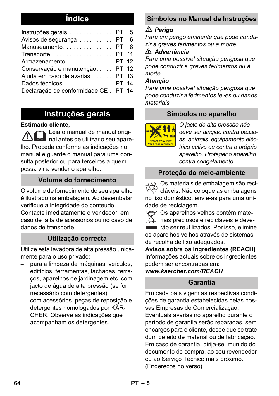 Português, Índice, Instruções gerais | Volume do fornecimento, Utilização correcta, Símbolos no manual de instruções, Símbolos no aparelho, Proteção do meio-ambiente, Garantia, Svenska | Karcher K 4-600 User Manual | Page 64 / 262