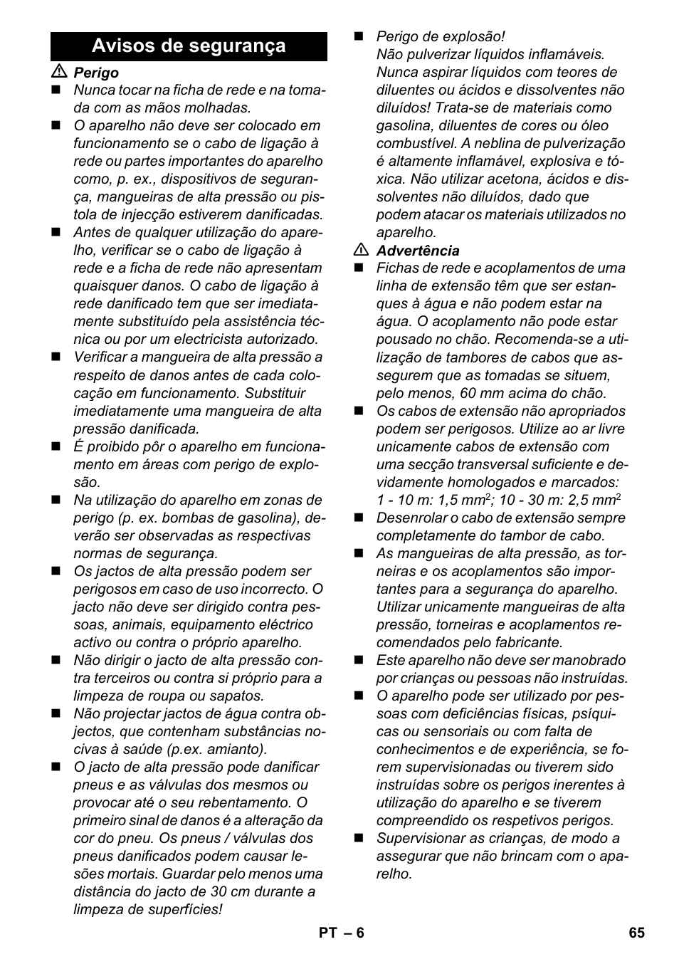 Avisos de segurança | Karcher K 4-600 User Manual | Page 65 / 262