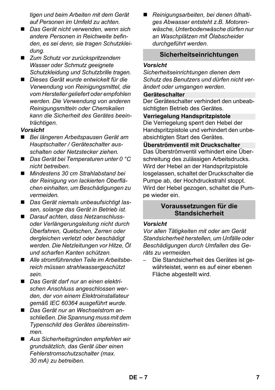 Sicherheitseinrichtungen, Geräteschalter, Verriegelung handspritzpistole | Überströmventil mit druckschalter, Voraussetzungen für die standsicherheit | Karcher K 4-600 User Manual | Page 7 / 262