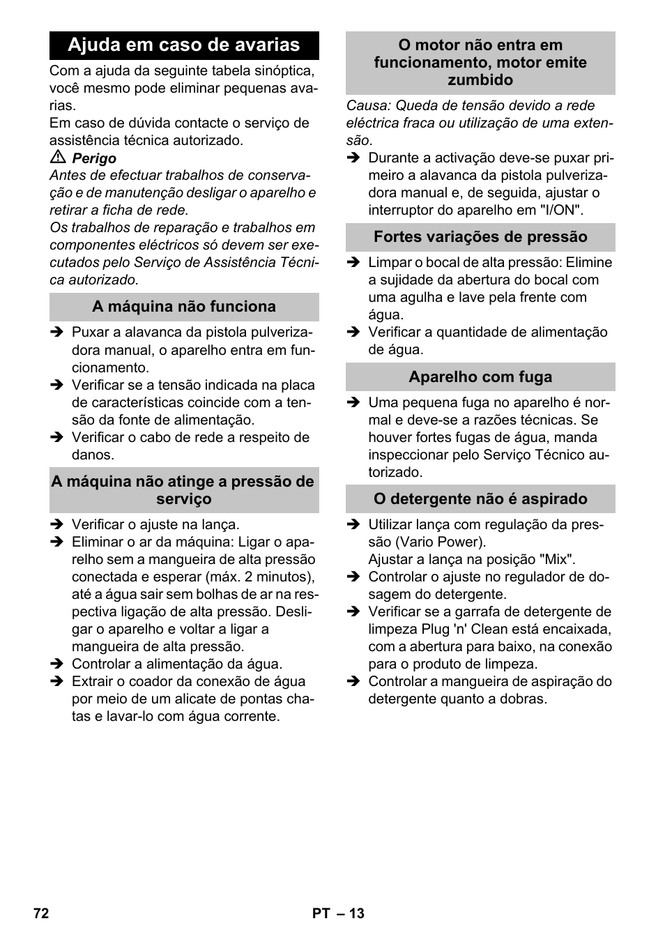 Ajuda em caso de avarias, A máquina não funciona, A máquina não atinge a pressão de serviço | Fortes variações de pressão, Aparelho com fuga, O detergente nгo й aspirado | Karcher K 4-600 User Manual | Page 72 / 262