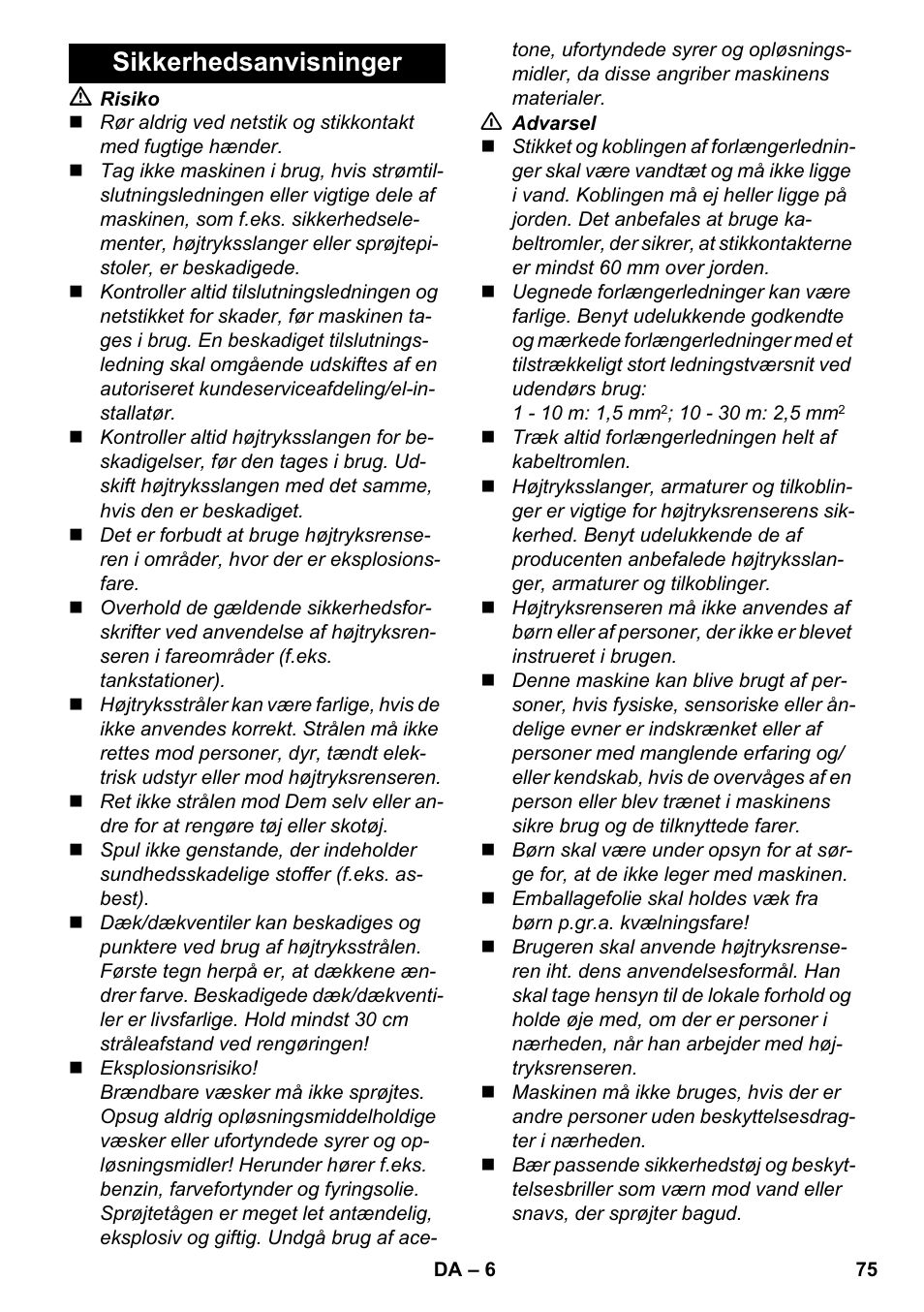 Sikkerhedsanvisninger | Karcher K 4-600 User Manual | Page 75 / 262