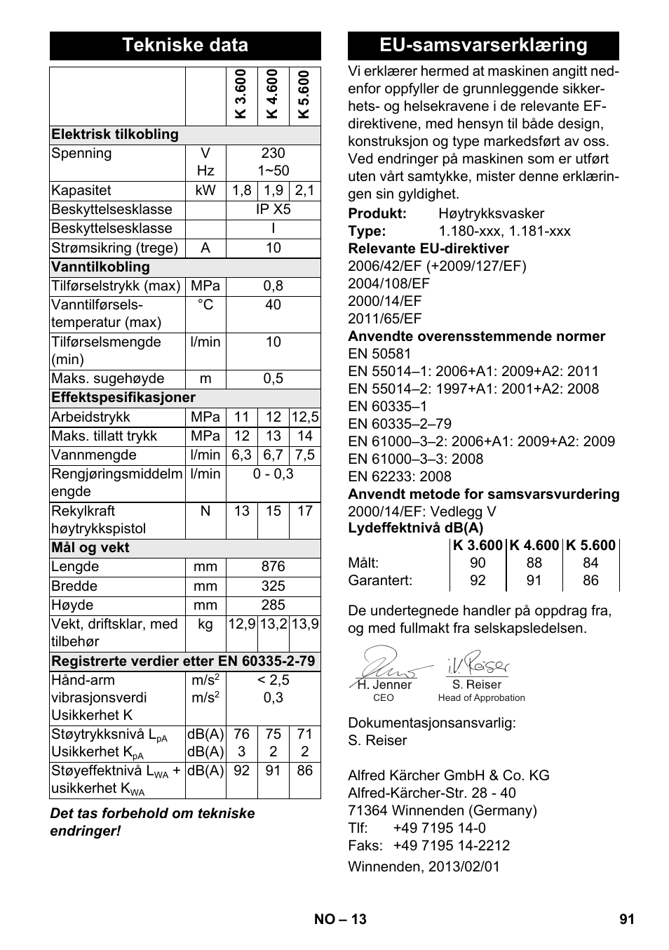 Tekniske data, Eu-samsvarserklæring | Karcher K 4-600 User Manual | Page 91 / 262