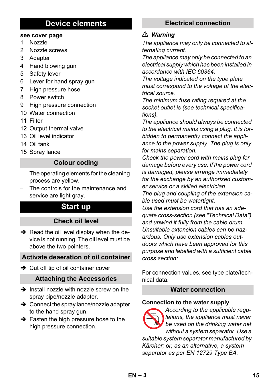 Device elements, Start up | Karcher HD 8-19-4 Cage IN User Manual | Page 15 / 60