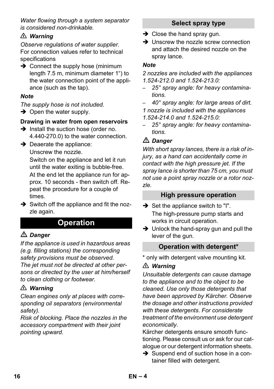 Operation | Karcher HD 8-19-4 Cage IN User Manual | Page 16 / 60