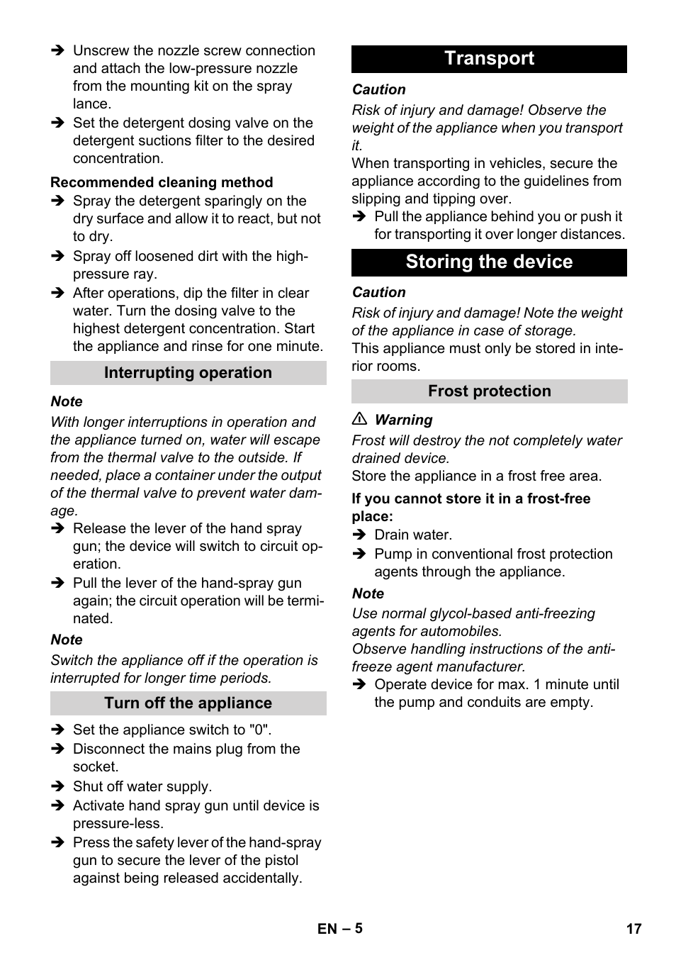 Transport storing the device | Karcher HD 8-19-4 Cage IN User Manual | Page 17 / 60