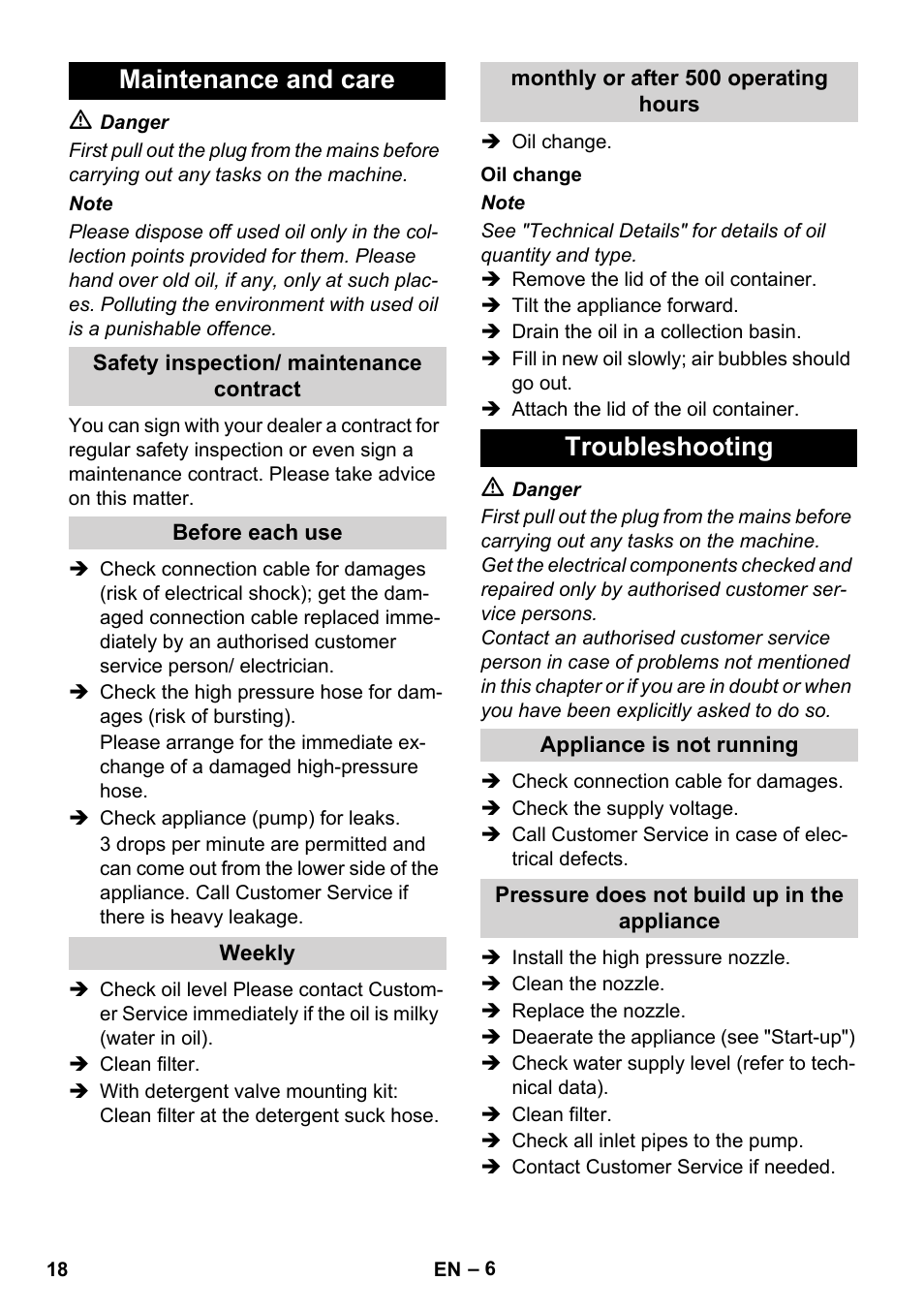 Maintenance and care, Troubleshooting | Karcher HD 8-19-4 Cage IN User Manual | Page 18 / 60