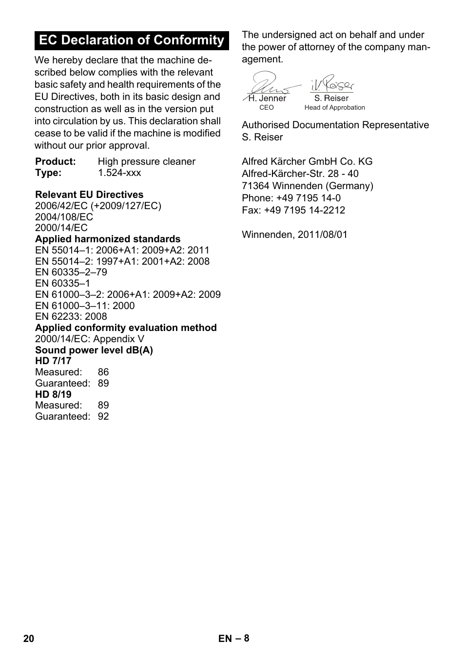 Ec declaration of conformity | Karcher HD 8-19-4 Cage IN User Manual | Page 20 / 60