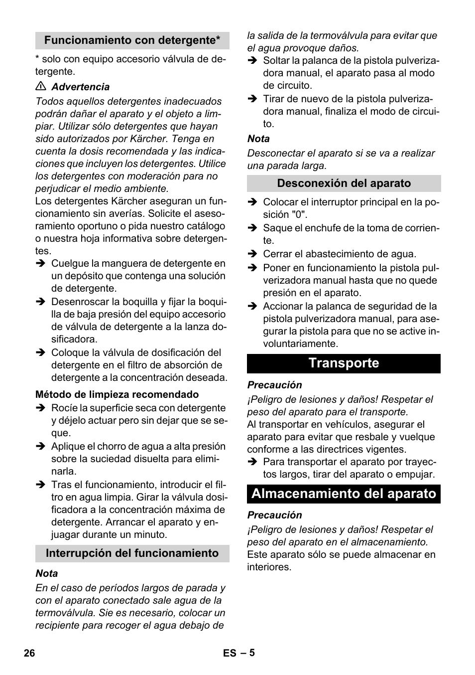 Transporte almacenamiento del aparato | Karcher HD 8-19-4 Cage IN User Manual | Page 26 / 60