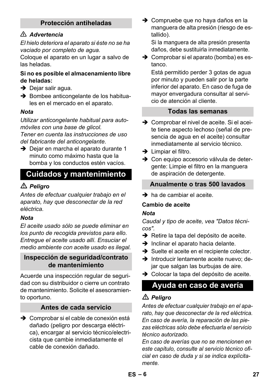 Cuidados y mantenimiento, Ayuda en caso de avería | Karcher HD 8-19-4 Cage IN User Manual | Page 27 / 60