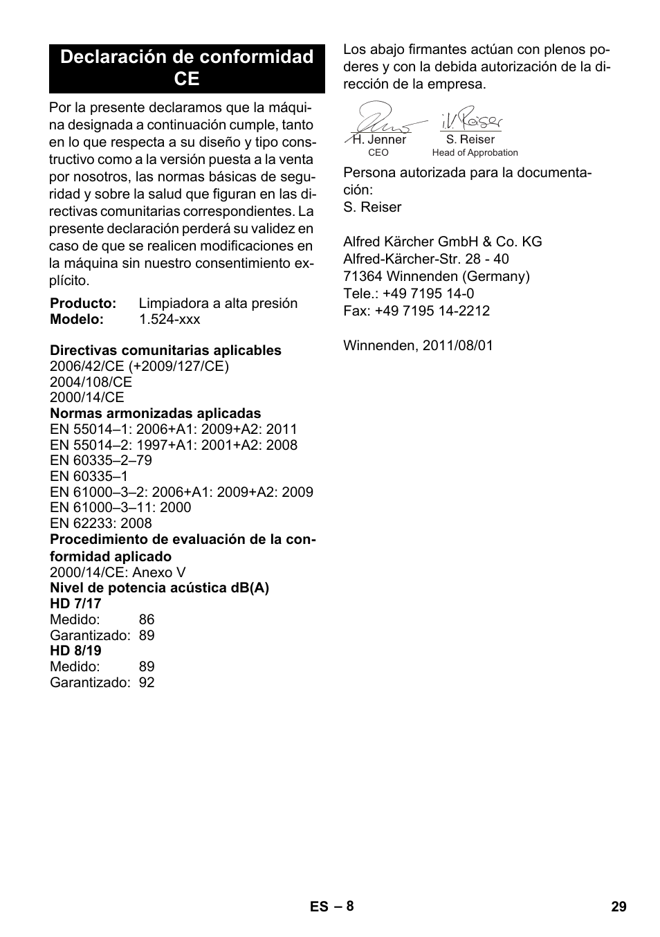 Declaración de conformidad ce | Karcher HD 8-19-4 Cage IN User Manual | Page 29 / 60