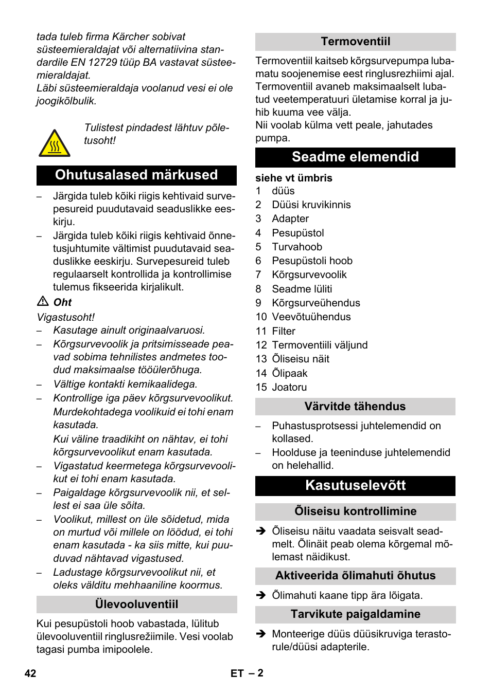 Ohutusalased märkused, Seadme elemendid, Kasutuselevõtt | Karcher HD 8-19-4 Cage IN User Manual | Page 42 / 60