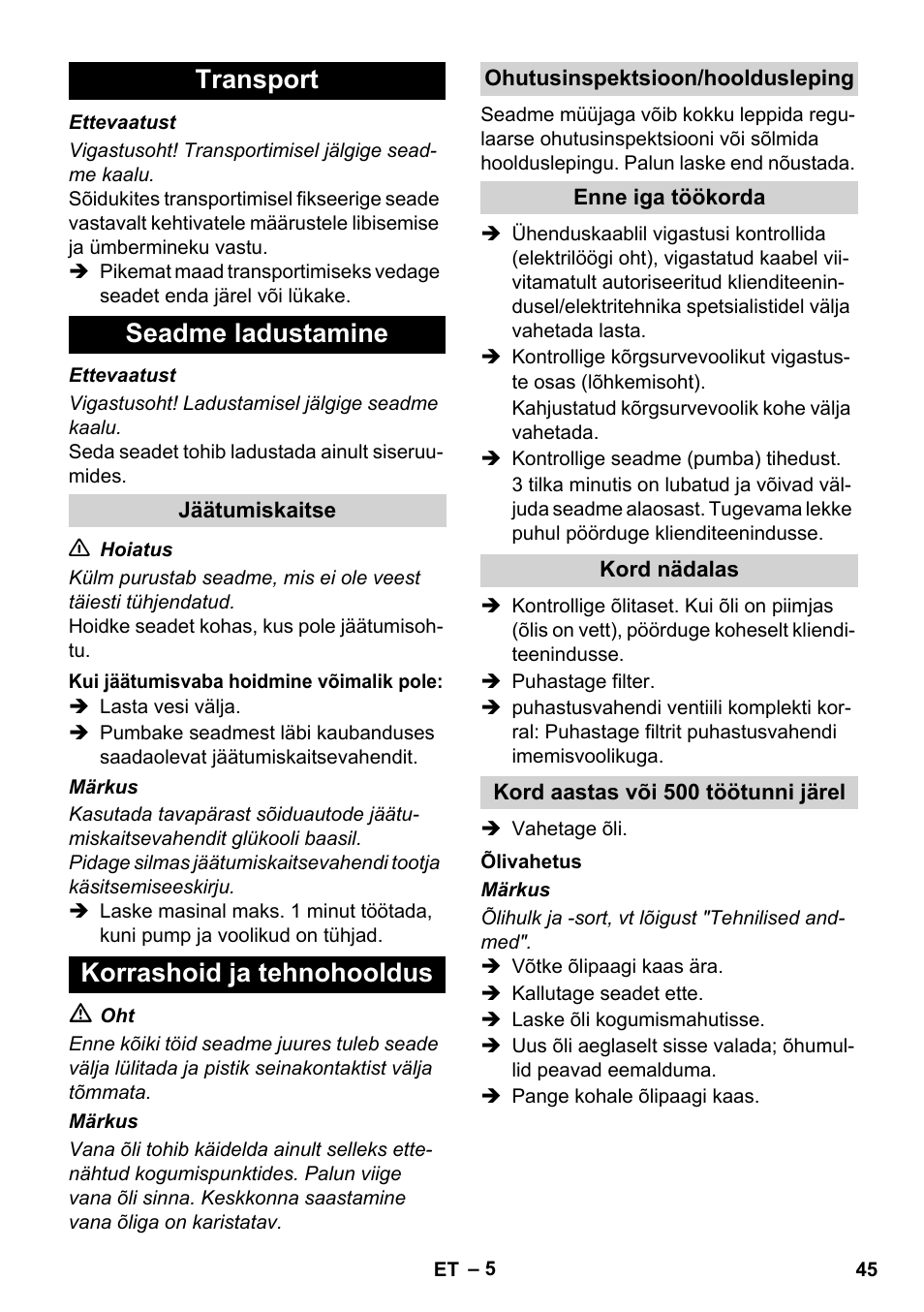 Transport seadme ladustamine, Korrashoid ja tehnohooldus | Karcher HD 8-19-4 Cage IN User Manual | Page 45 / 60