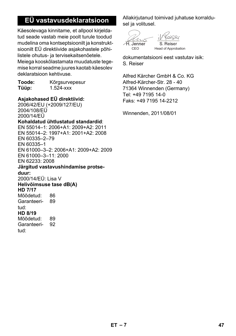 Eü vastavusdeklaratsioon | Karcher HD 8-19-4 Cage IN User Manual | Page 47 / 60