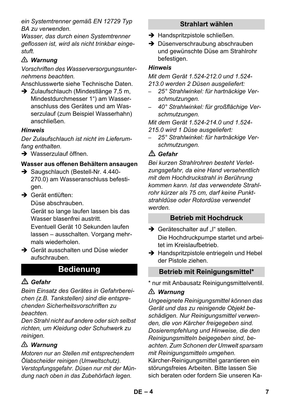 Bedienung | Karcher HD 8-19-4 Cage IN User Manual | Page 7 / 60