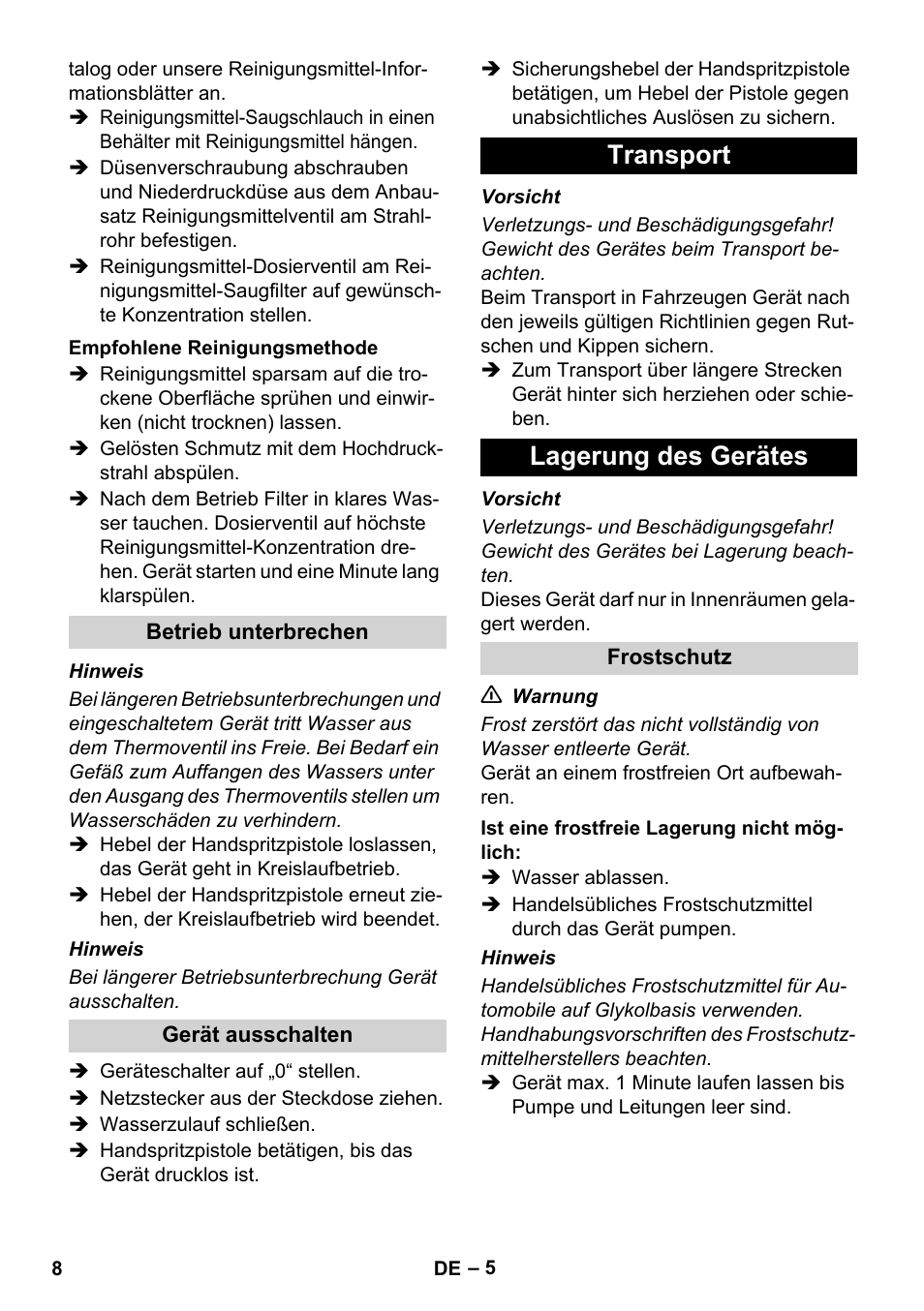 Transport lagerung des gerätes | Karcher HD 8-19-4 Cage IN User Manual | Page 8 / 60