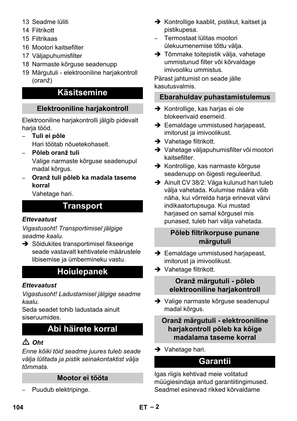 Käsitsemine, Transport hoiulepanek abi häirete korral, Garantii | Karcher CV 38-2 User Manual | Page 104 / 124